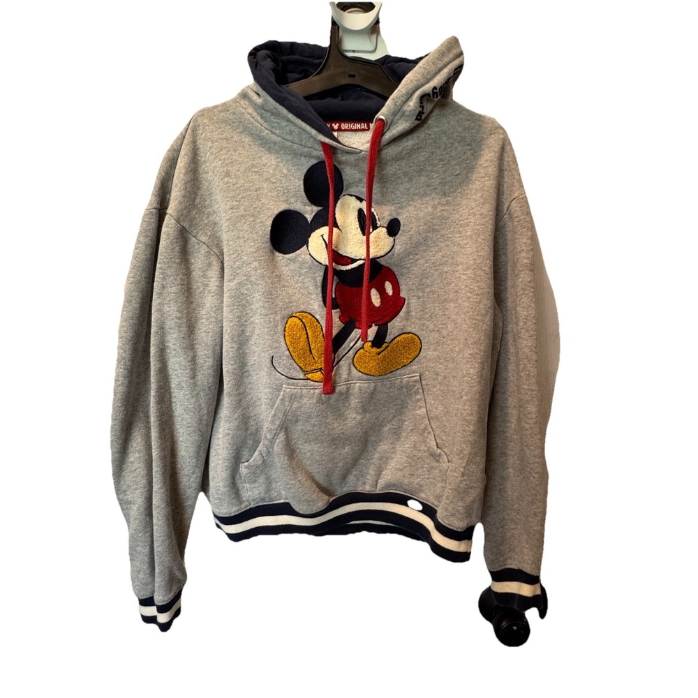 Disney World Mickey Gray Hoodie Fleece‎ Embroidered Pullover Long Sleeve Mens XS